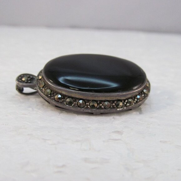 Vintage Black Onyx Marcasite Sterling Silver Combo Brooch Pendant - Picture 3 of 14